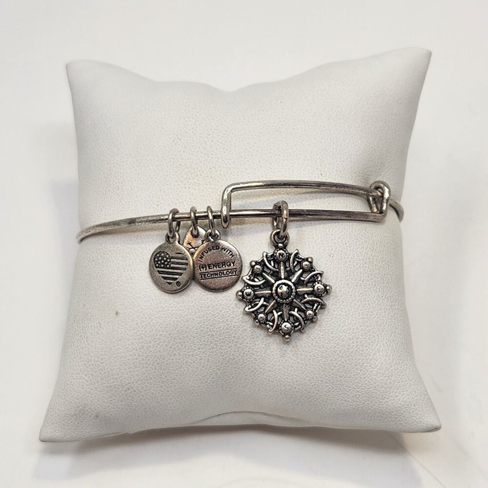 Alex and Ani Compass Dangle Charm Silver Tone Bangle Bracelet Adjustable